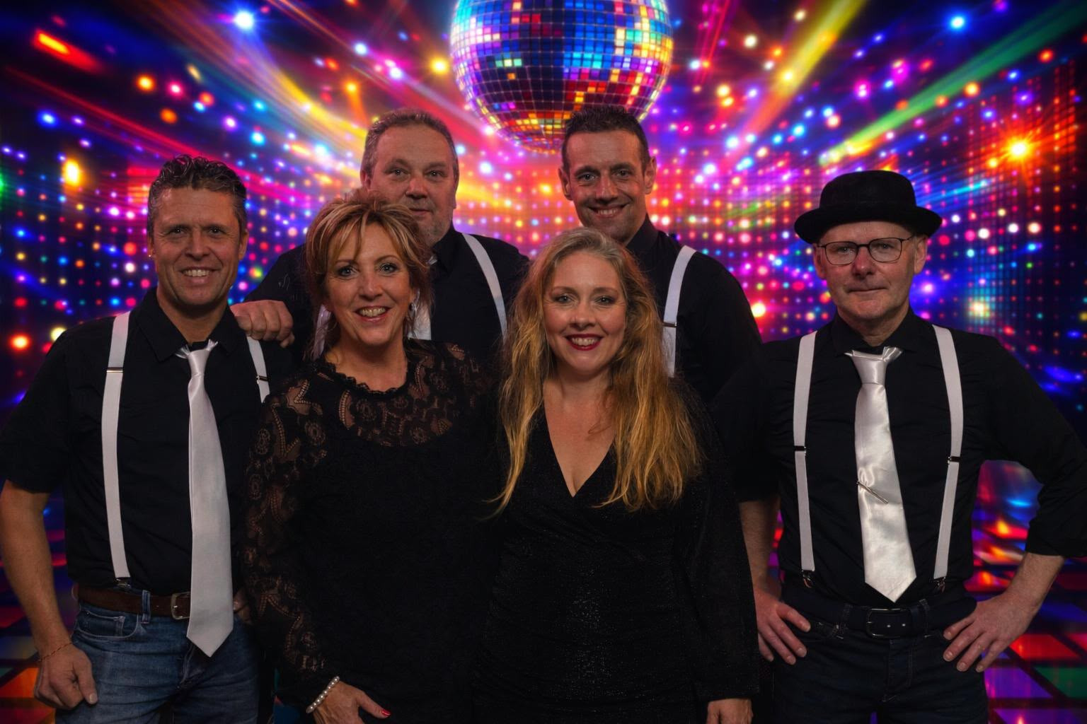 De zes muzikanten van GoodTimes voor een kleurrijke jaren 80-achtergrond